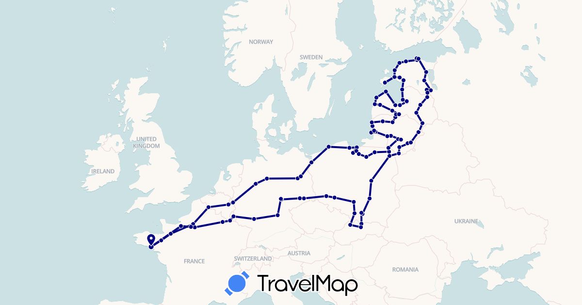 TravelMap itinerary: driving in Belgium, Germany, Estonia, France, Lithuania, Luxembourg, Latvia, Poland, Slovakia (Europe)